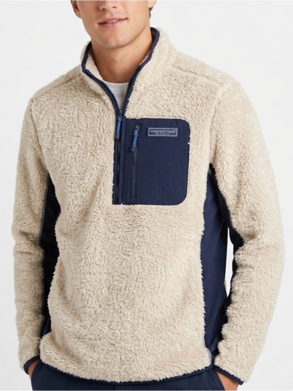 Vineyard Vines Shep & Ian Fleece Tan Navy Quarter Zip Pullover Jacket XS